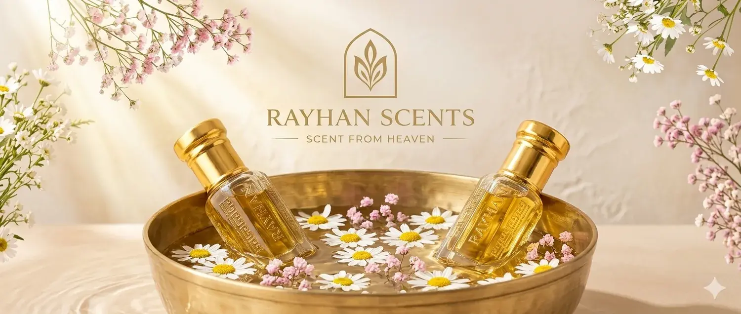 Two Rayhan Scents oil flacons resting in a brass bowl of water strewn with blossoms, lit in soft daylight.