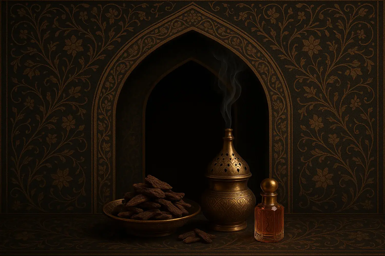 A brass bakhoor burner trailing smoke beside a bowl of agarwood chips and a faceted Rayhan Scents oil flacon, set in a carved Arabian arch.